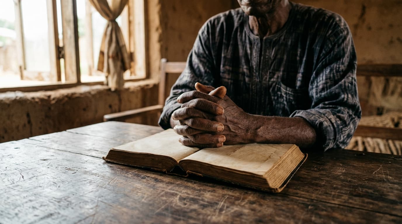 Hands clasped over an open book in a warmly lit room.