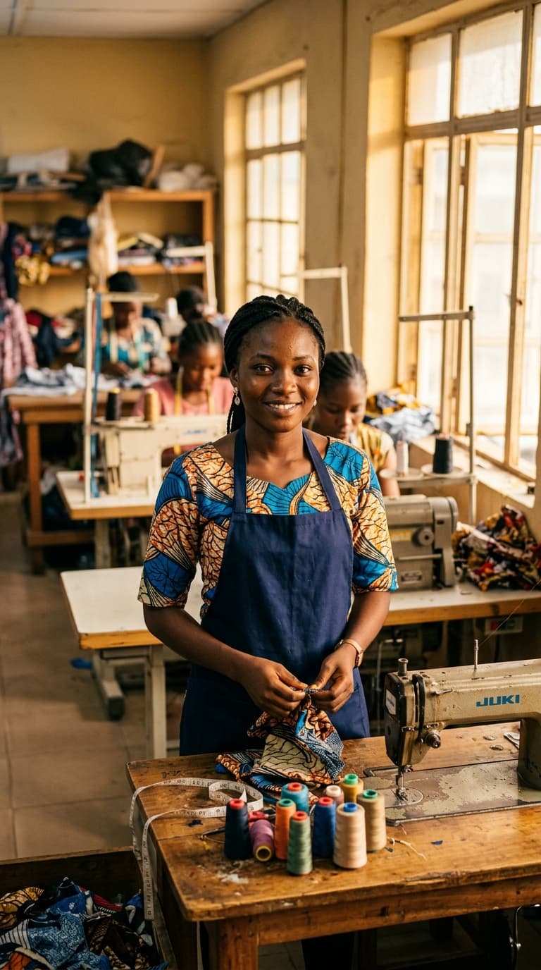 A young Nigerian woman at a workbench, looking up with quiet confidence.
